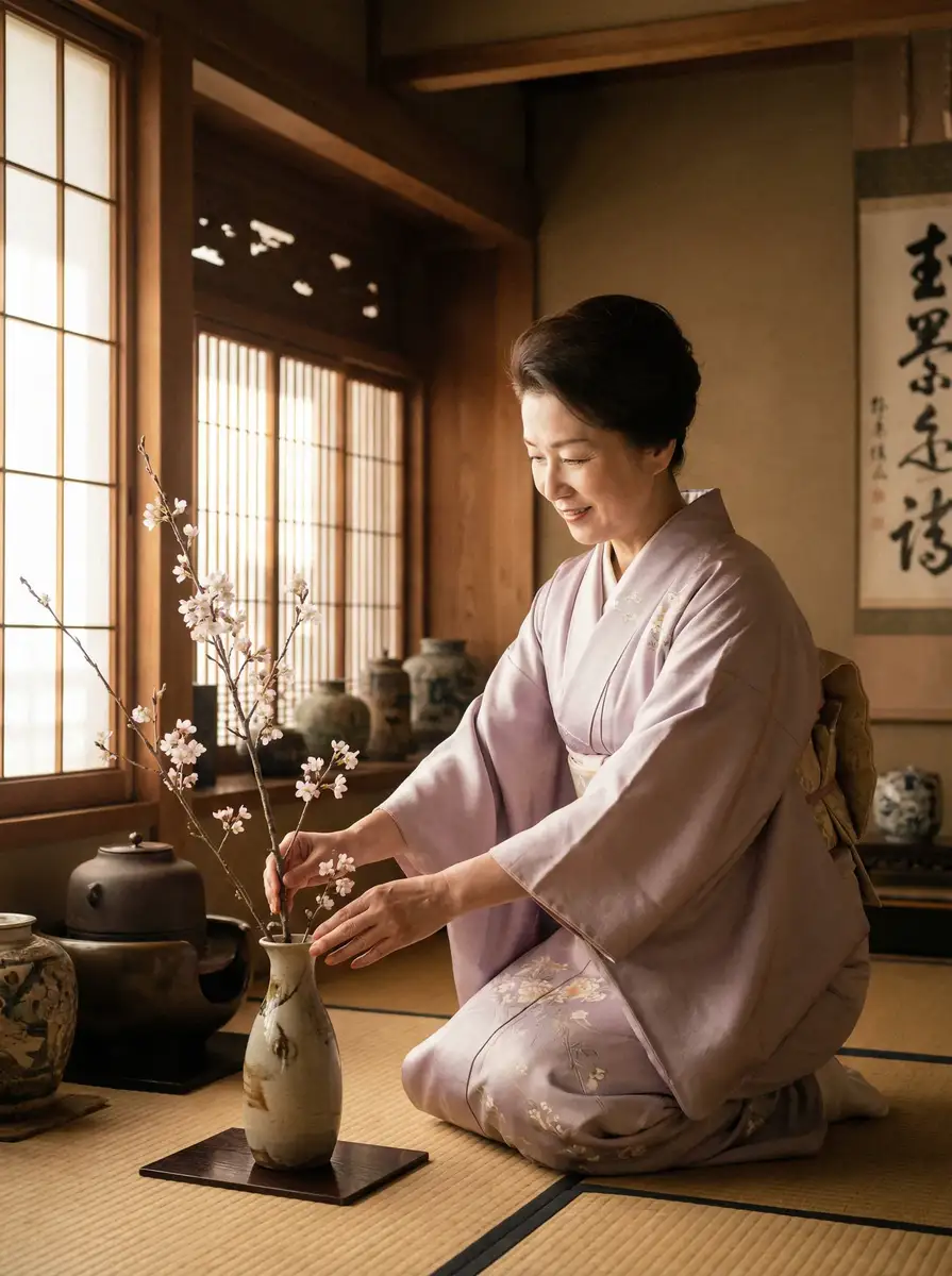 一位优雅的 重庆母子 在和室中插花