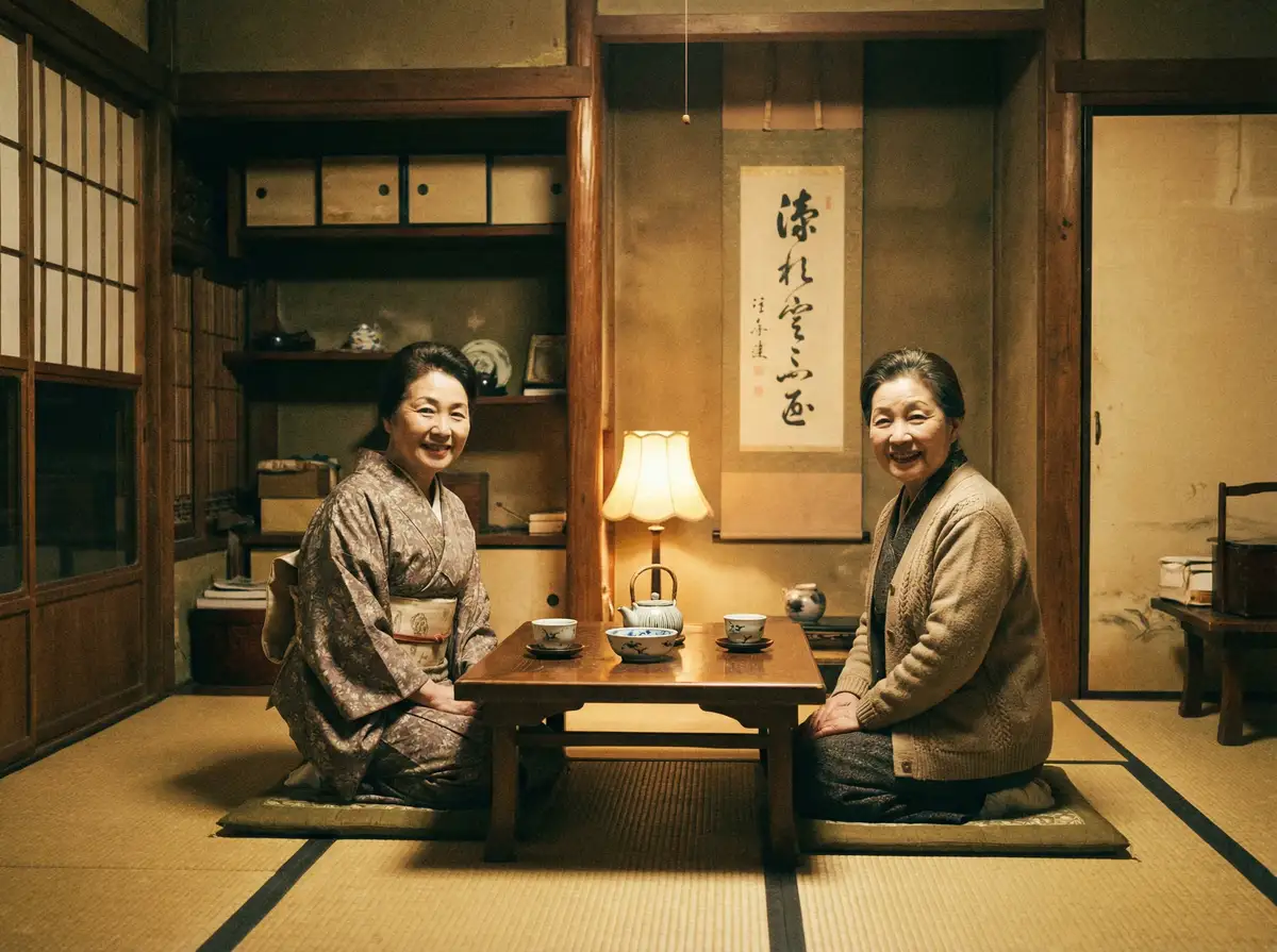 两位优雅的 重庆母子 在日式茶室中品茶交谈